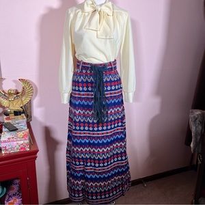 Vintage Boho Southwestern Woven Tapestry Maxi Skirt fringe belt set 1970’ Small